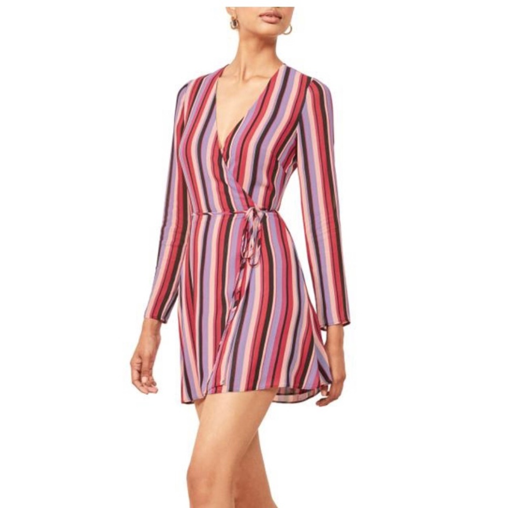 Reformation XS mini Gjelina red, black stripe wrap dress.